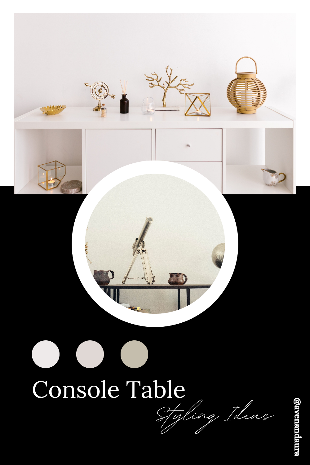 White console table styled with warm gold and brass decorative objects